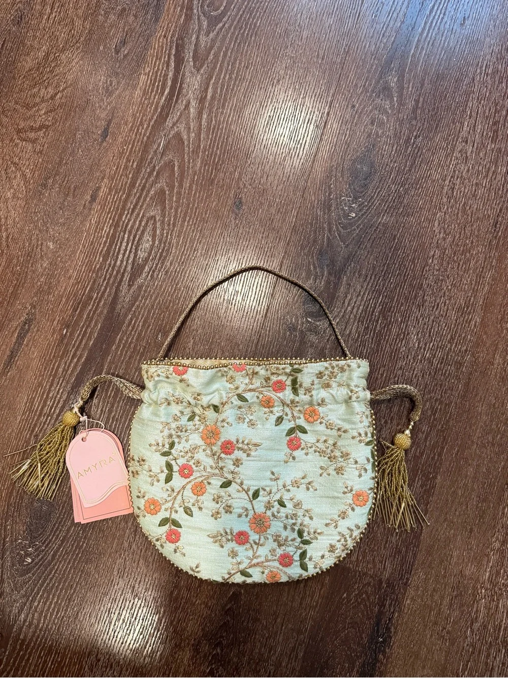 Amyra Bag Mint Green Embroidered Floral Drawstring Potli with Gold Tassels